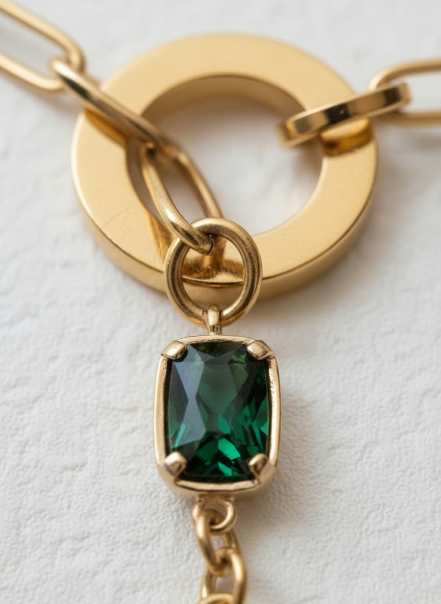 Macro close-up of the toggle ring and green jade stone