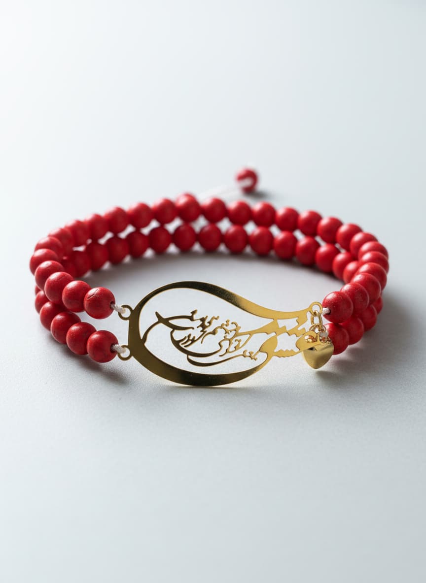 Gold-plated Persian calligraphy bracelet with red stone beads on white