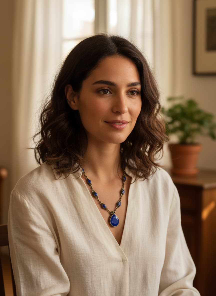 Model wearing the silver-plated lapis lazuli necklace