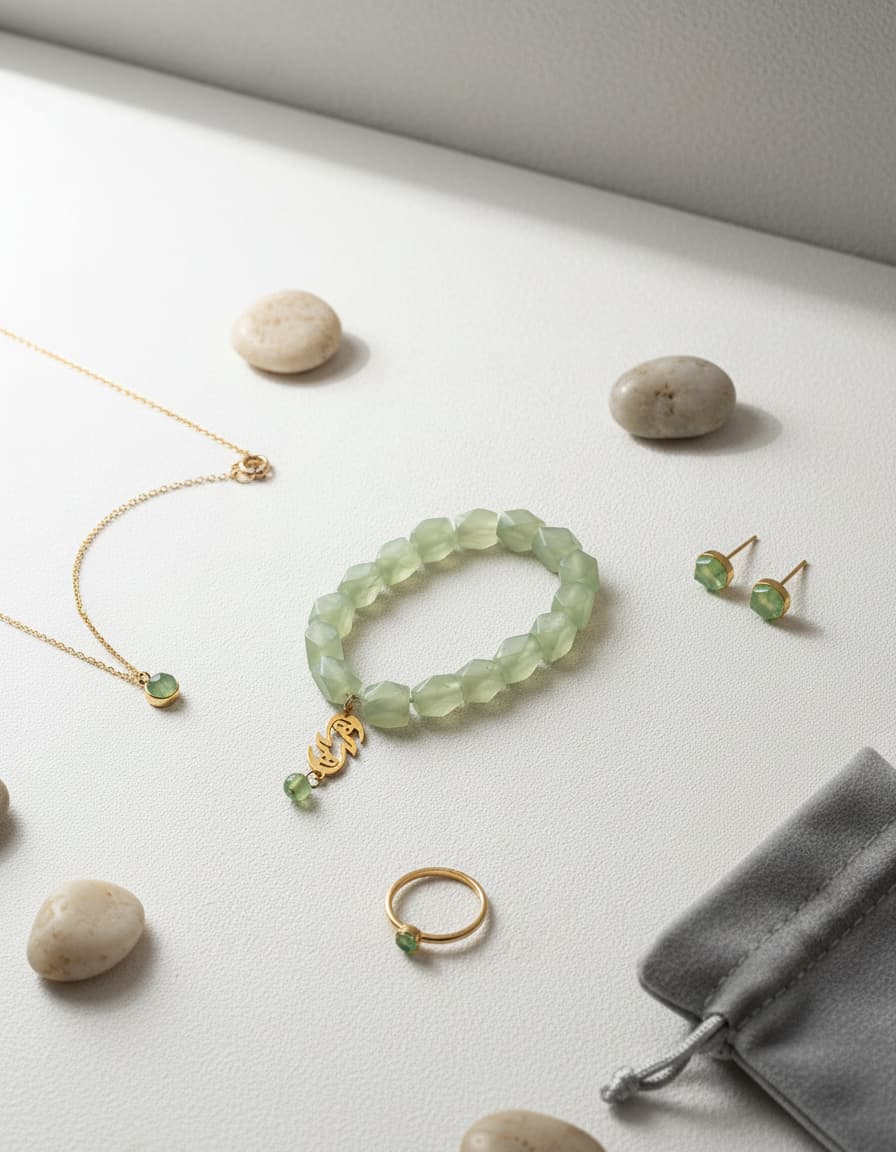Styled flatlay of the jade bracelet with coordinating pieces