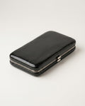 Black box clutch with silver frame clasp
