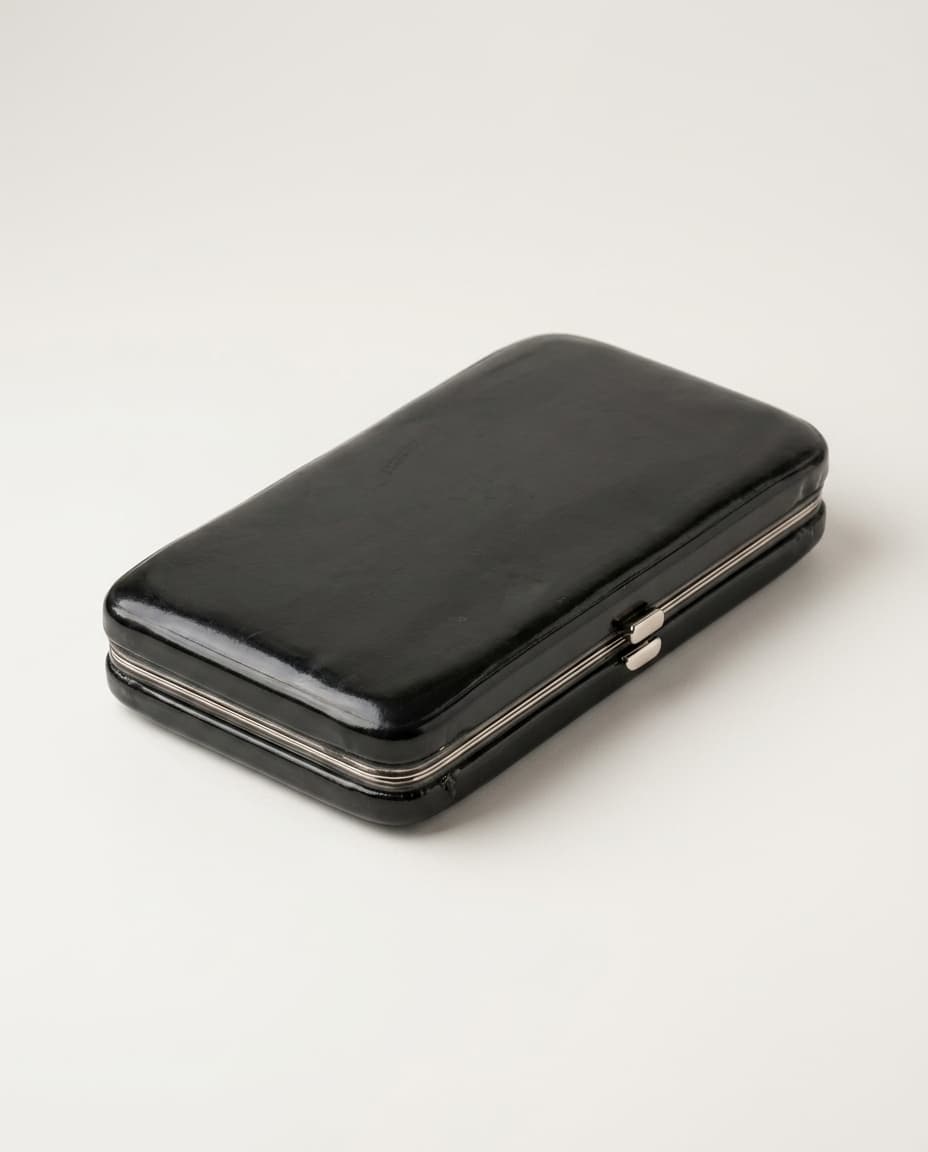 Black box clutch with silver frame clasp