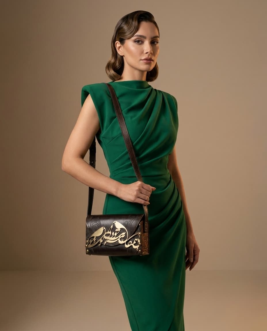 Model wearing the brown calligraphy crossbody bag