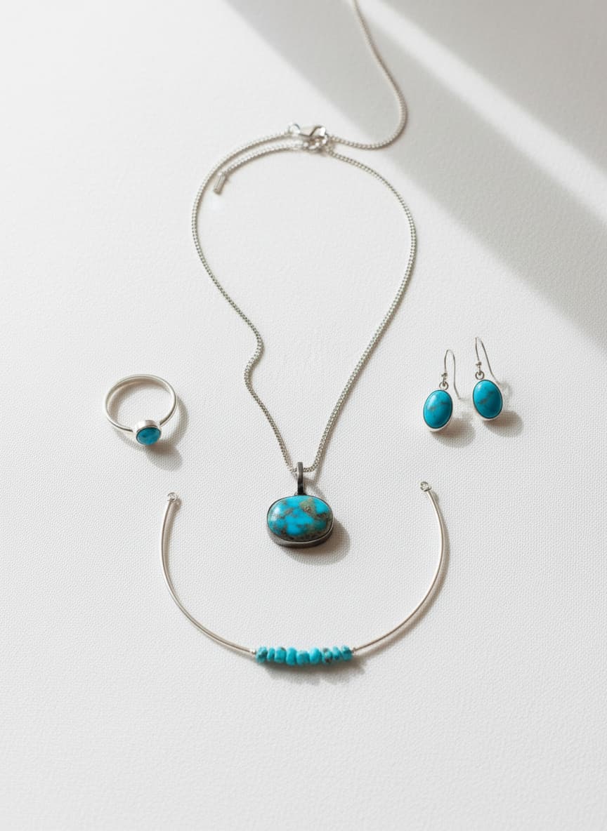 Turquoise necklace styled with matching ring, earrings, and bangle