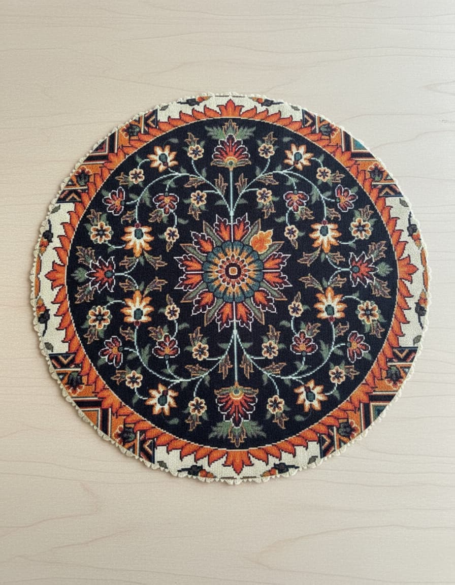 Round floral rug mat with navy and orange medallion