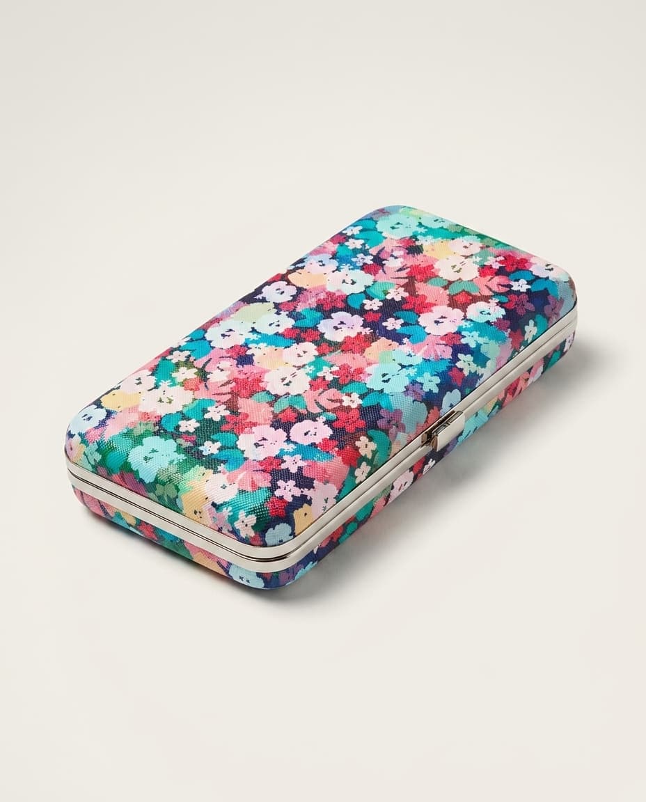 Multicolor floral box clutch on white