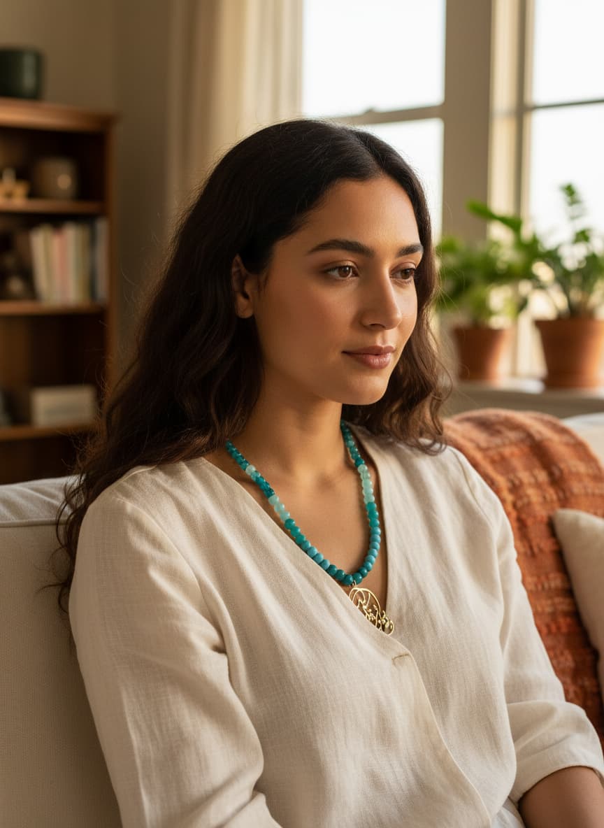 Model wearing the turquoise calligraphy necklace