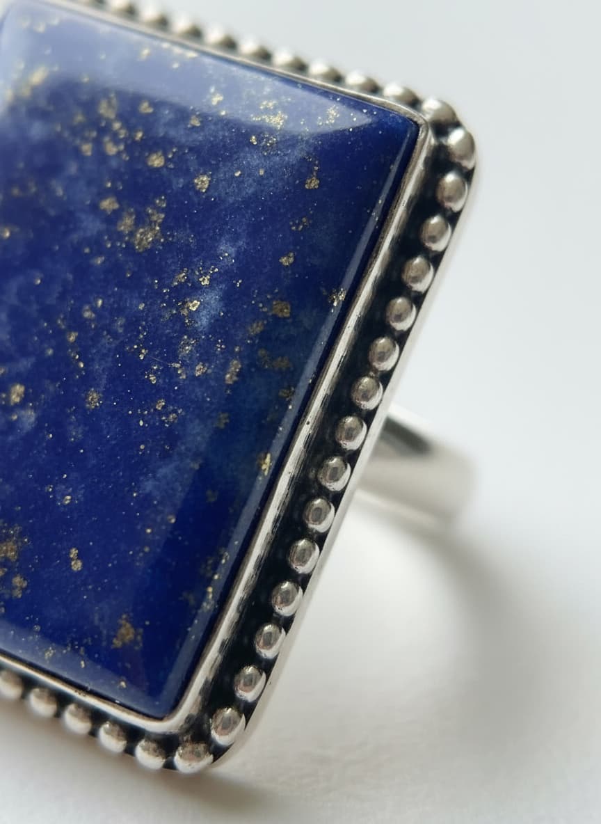 Macro close-up of the lapis lazuli stone and engraved silver frame
