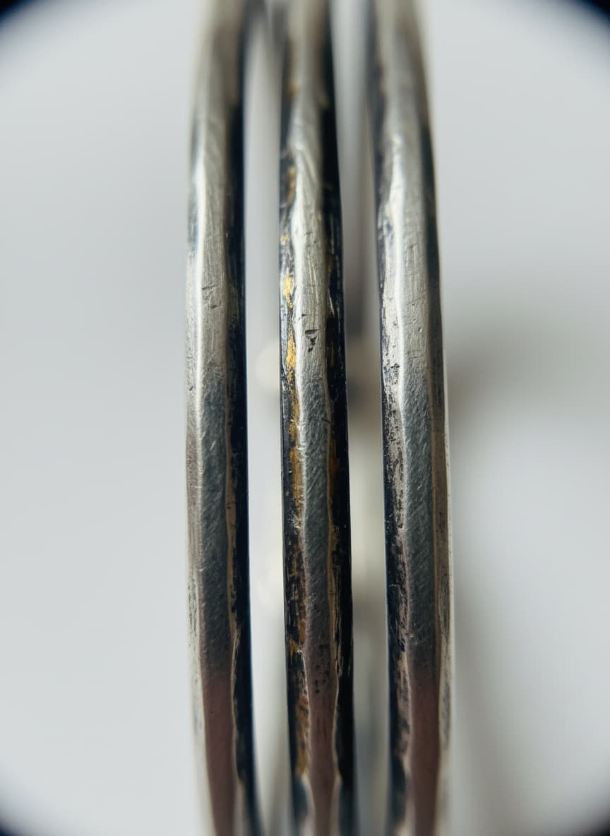 Macro close-up of the triple rows on the silver-tone bangle