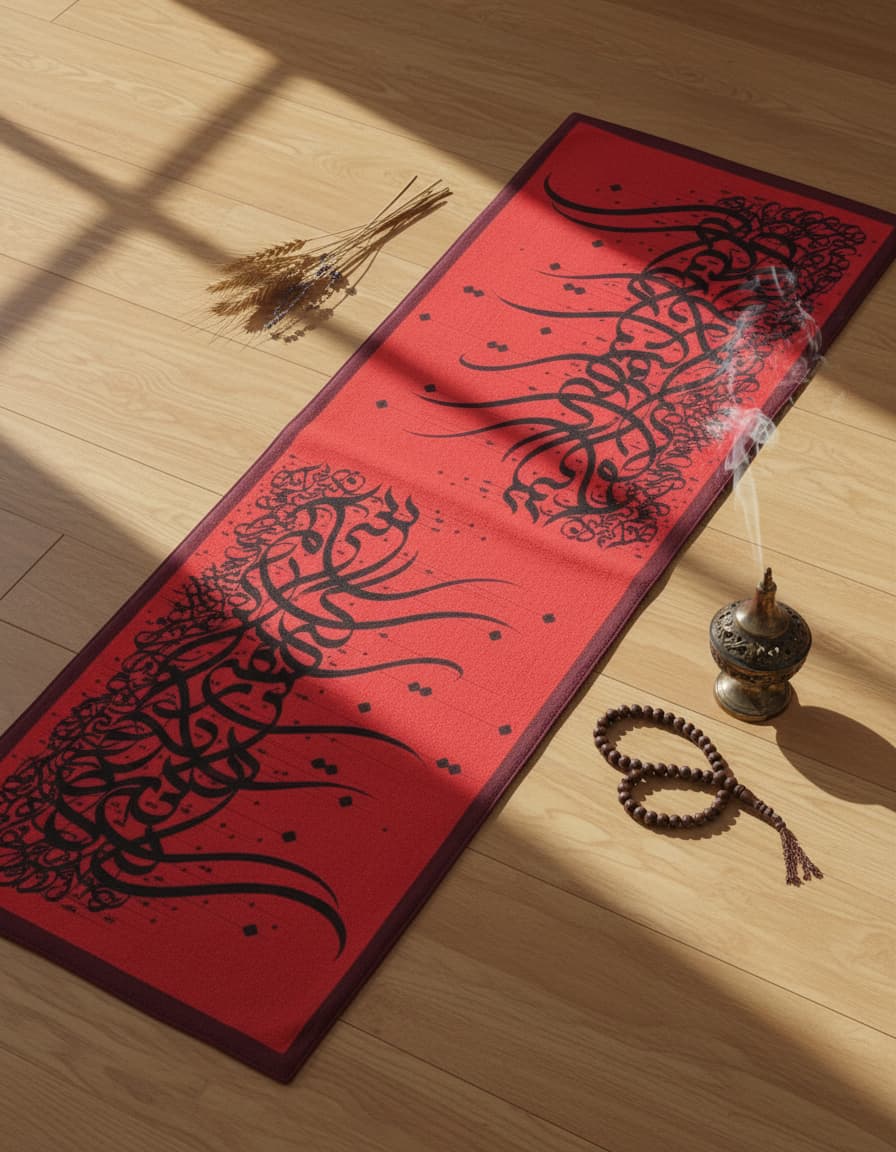 Red runner detail with calligraphy