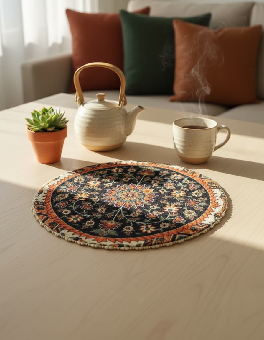 Floral mat detail of orange medallion