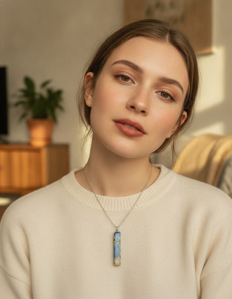 Model wearing the blue and gold marbled bar pendant necklace