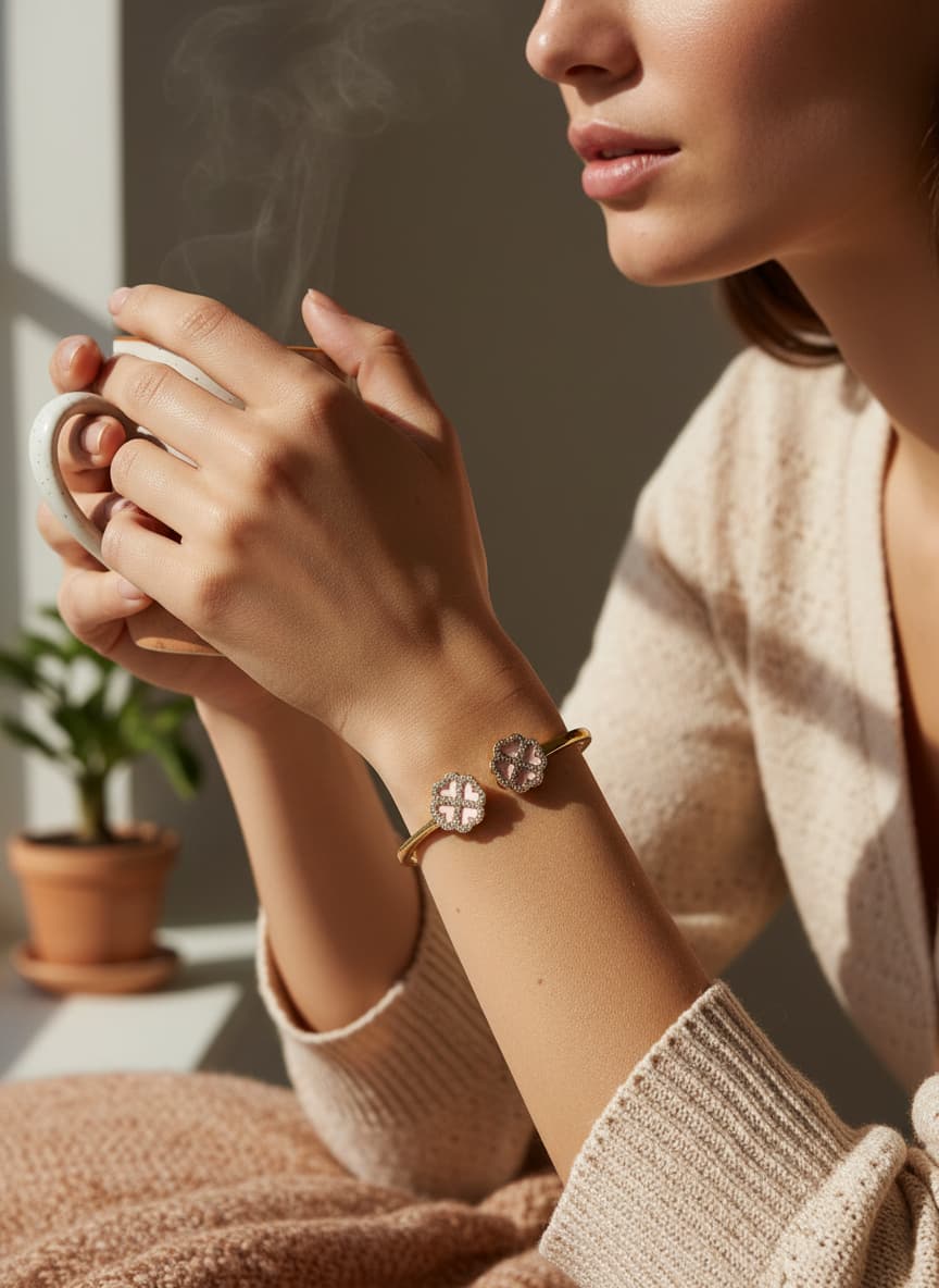 Model wearing the gold-plated floral bangle