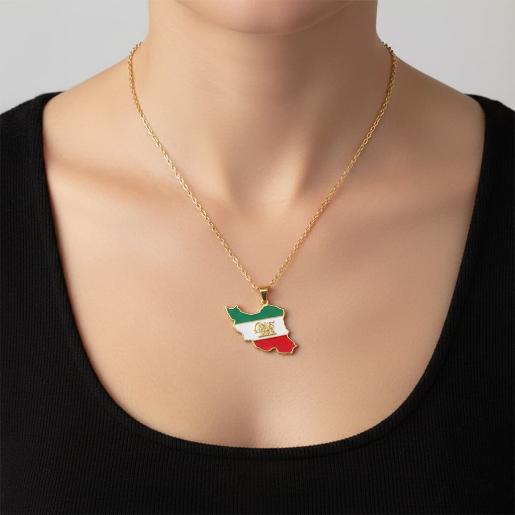 Gold-plated Iran map pendant necklace worn on the neckline