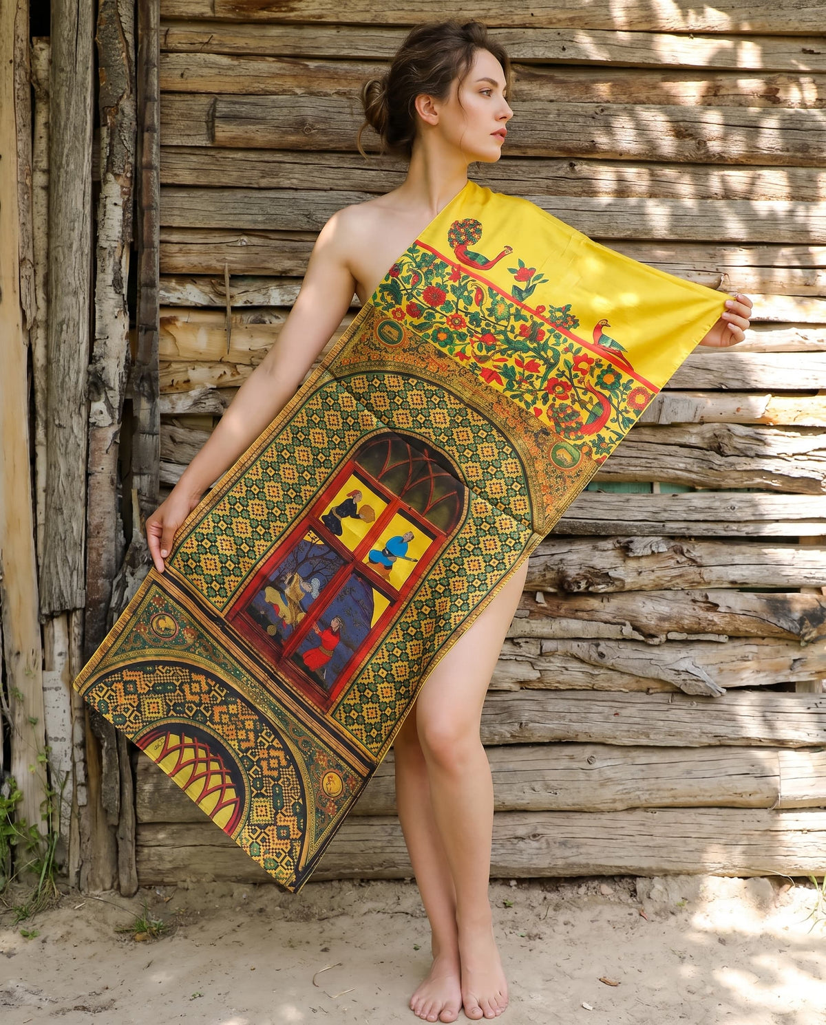 Woman wearing a yellow shawl with Persian miniature window panels
