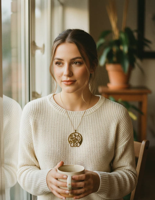 Model wearing the esteghlal calligraphy necklace