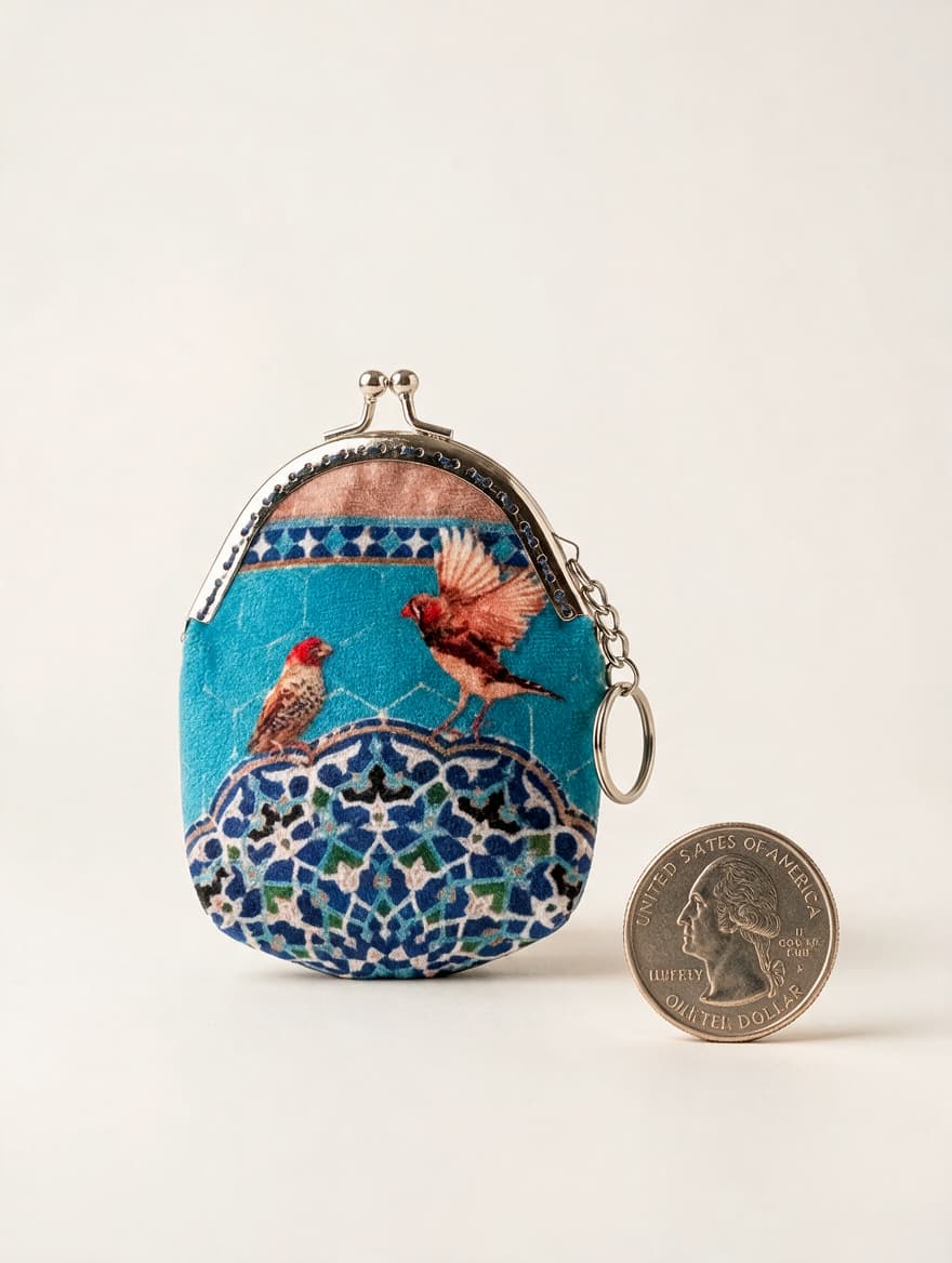 Turquoise coin purse with bird and mosaic tile print