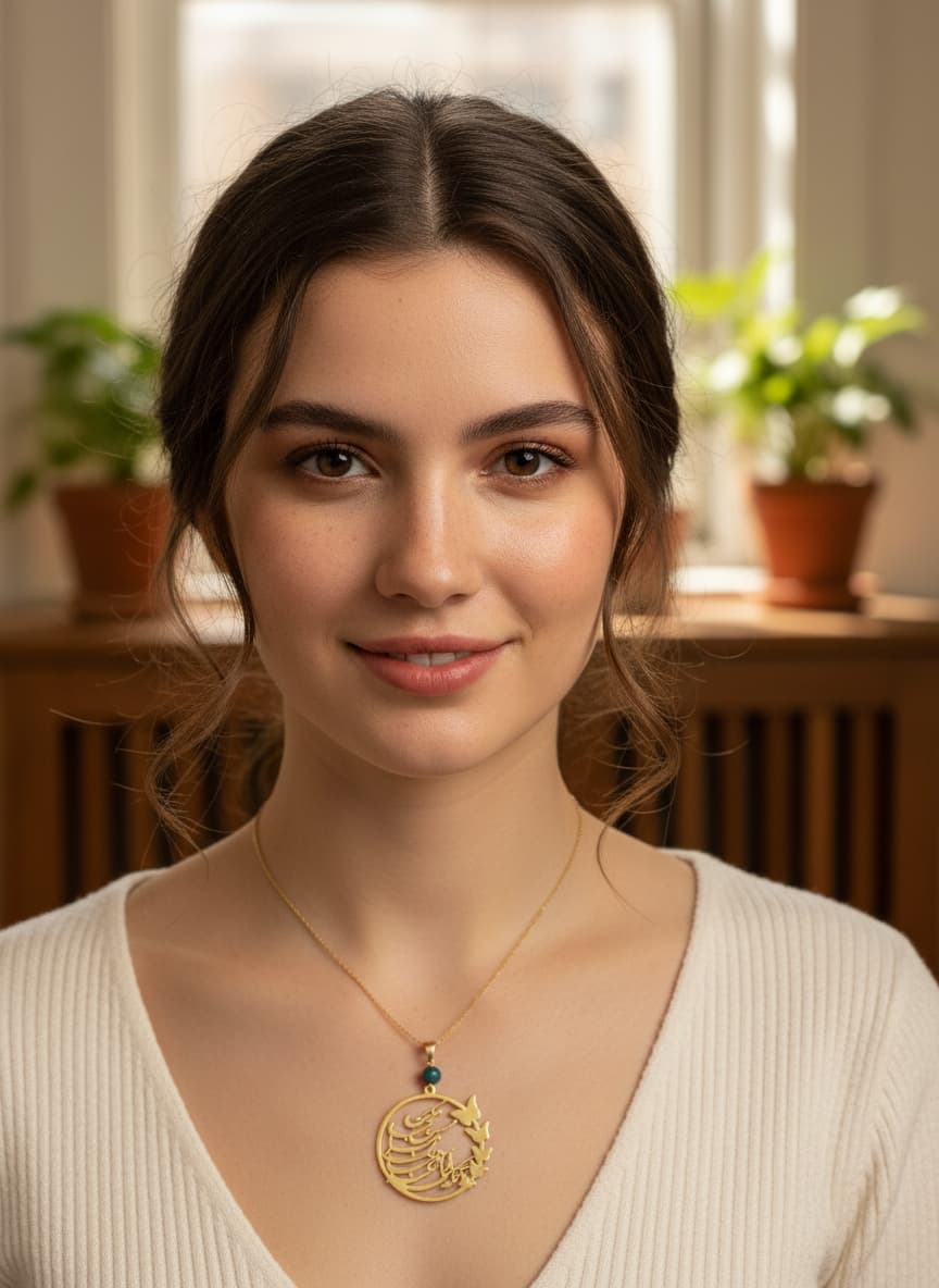 Model wearing the butterfly poem necklace