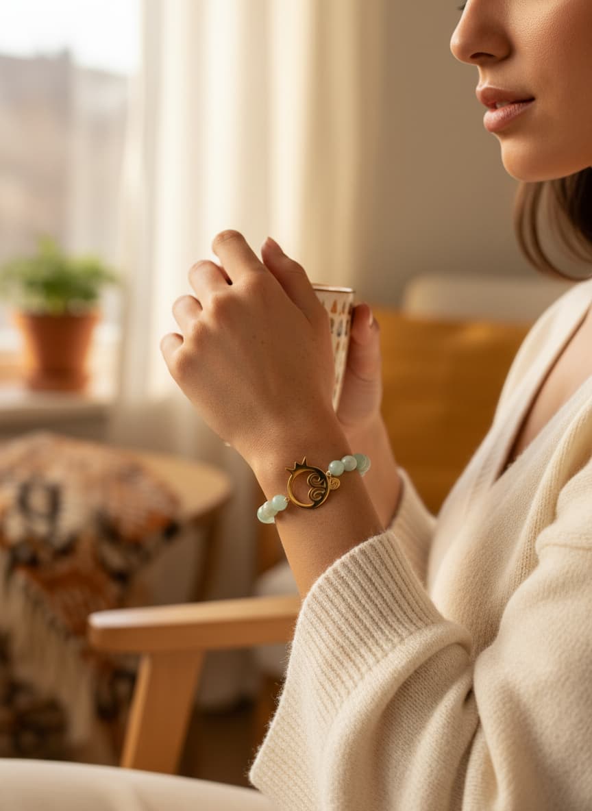 Model wearing the pomegranate calligraphy bracelet