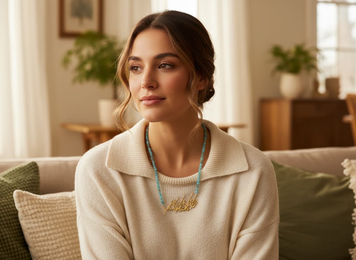 Model wearing the green-blue stone necklace