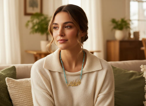 Model wearing the green-blue stone necklace