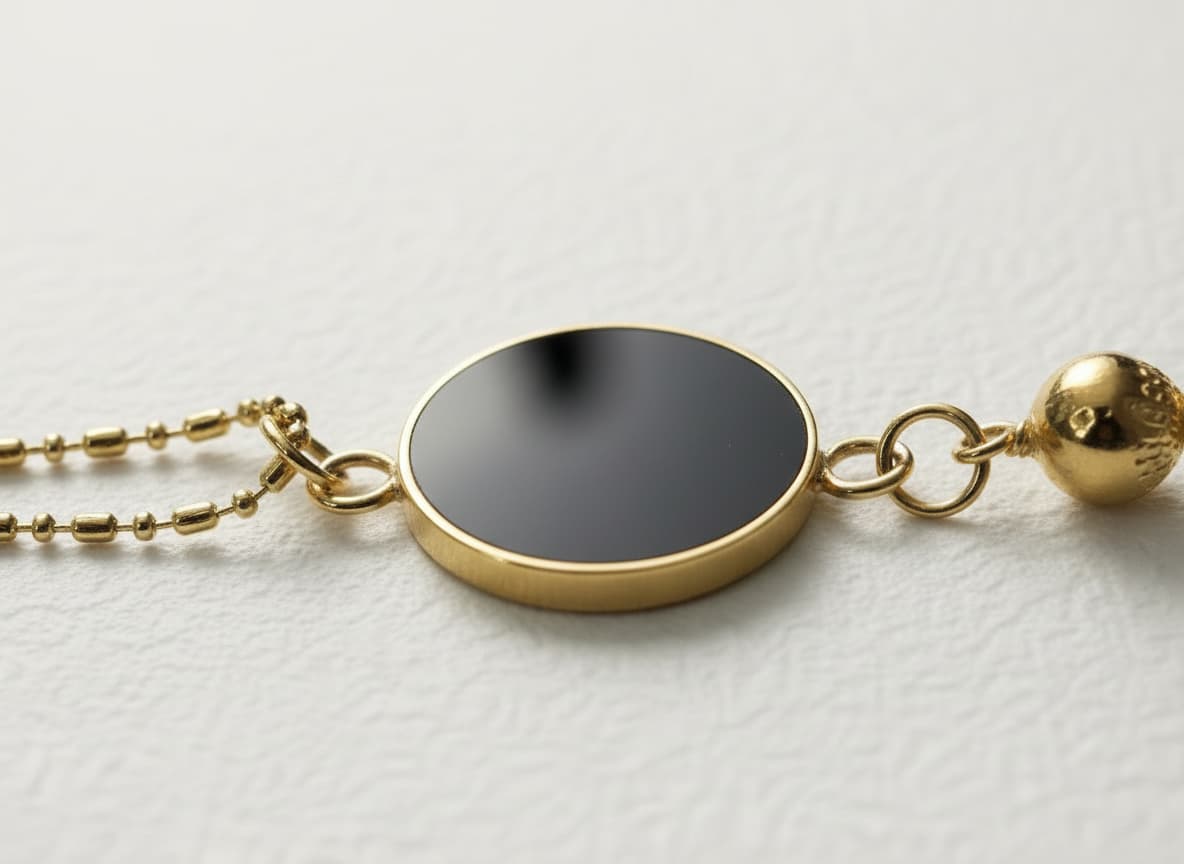 Macro close-up of the black enamel disc and pomegranate charm