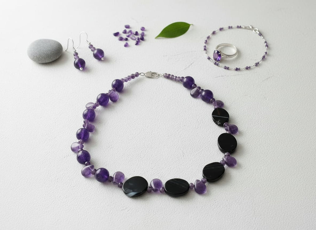Styled flatlay of the amethyst necklace