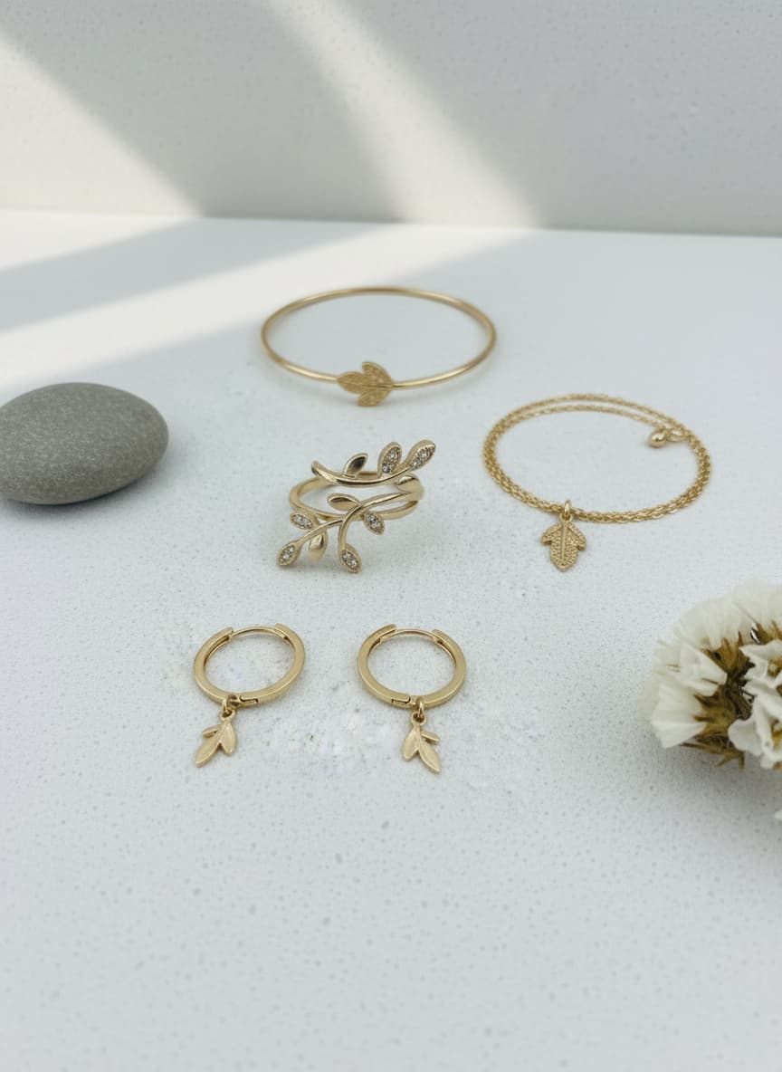 Gold leaf vine ring styled in a flatlay with matching leaf jewelry