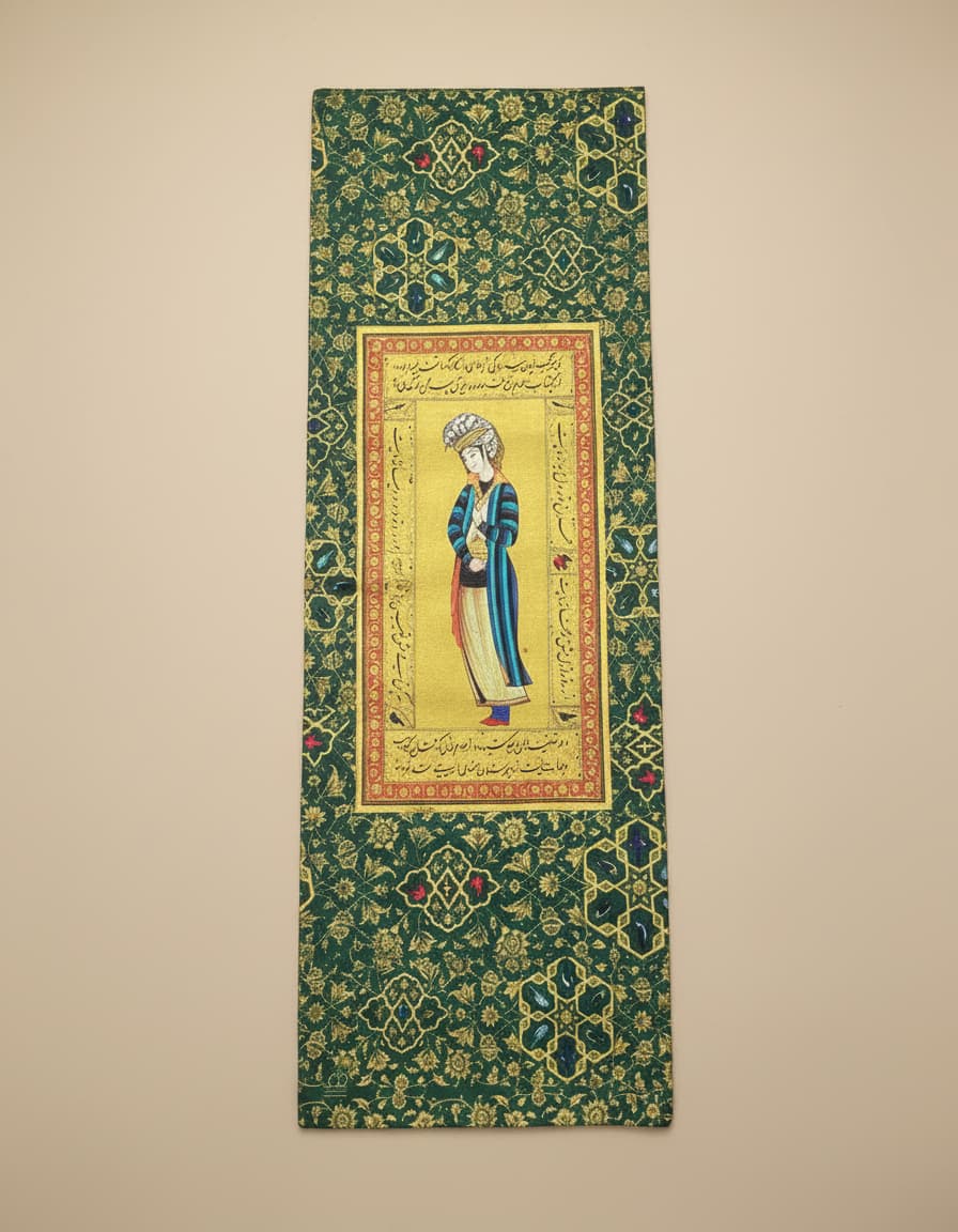 Green velvet runner with miniature figure panel
