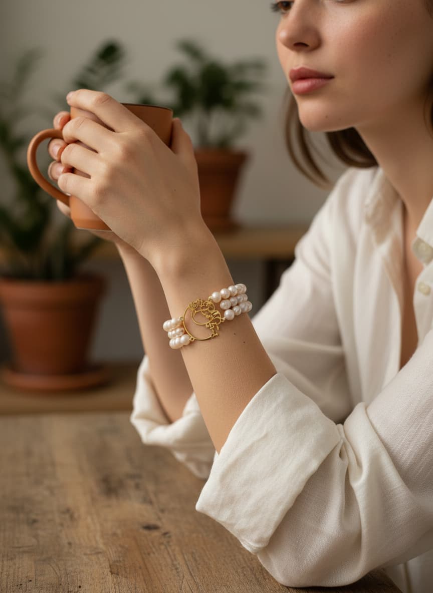 Model wearing the pearl calligraphy bracelet