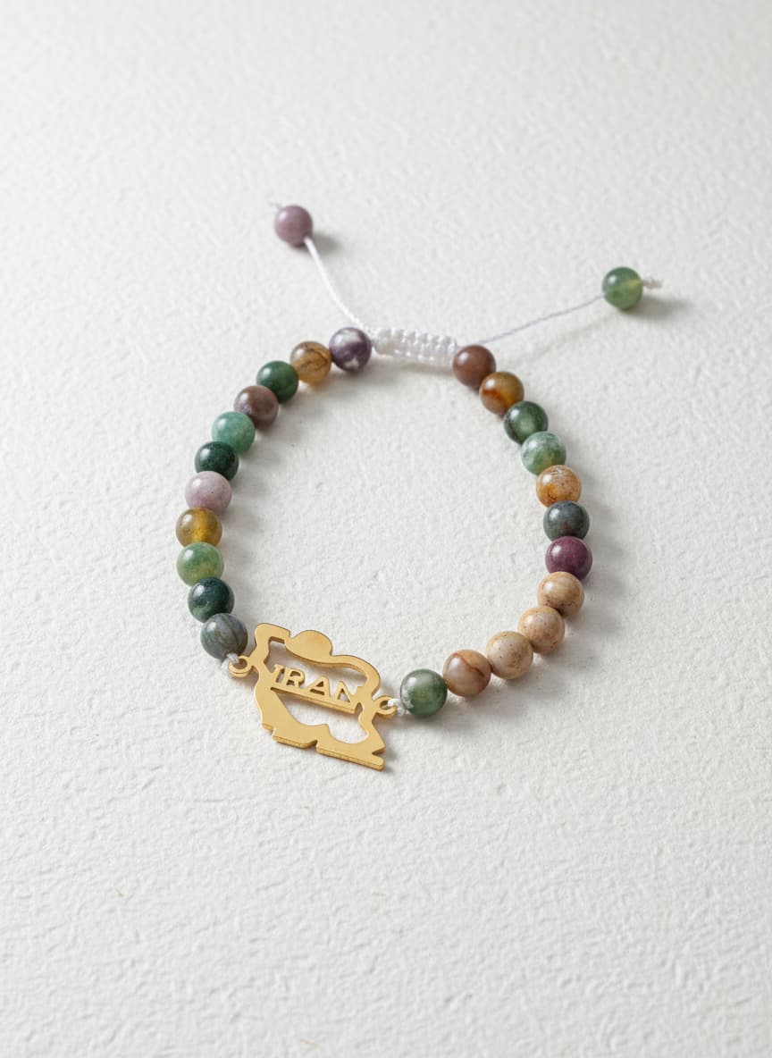 Persian calligraphy IRAN map bracelet with natural stones on white