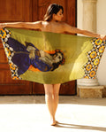 Lime shawl with Persian portrait print and checkered borders