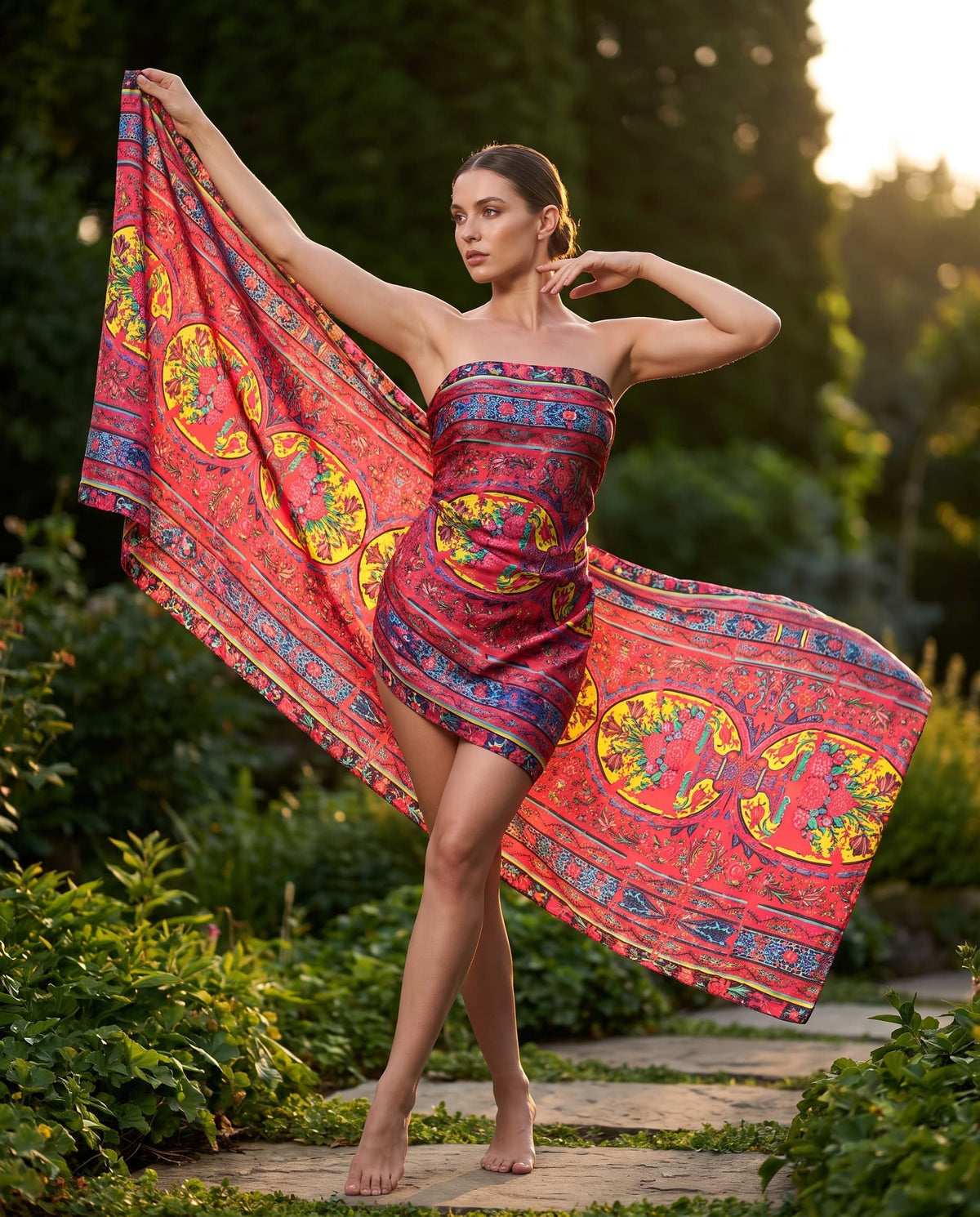 Red and yellow shawl with Persian medallion prints