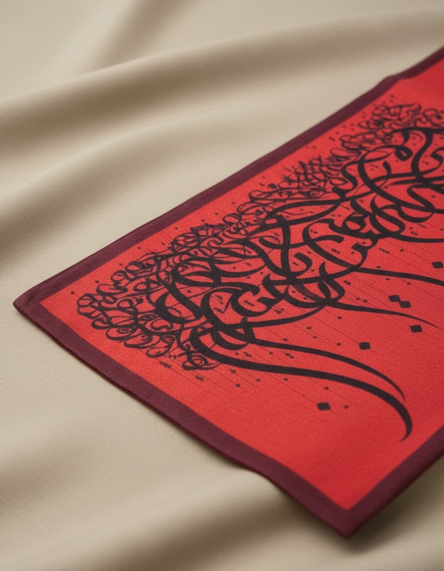 Red runner close-up of black calligraphy