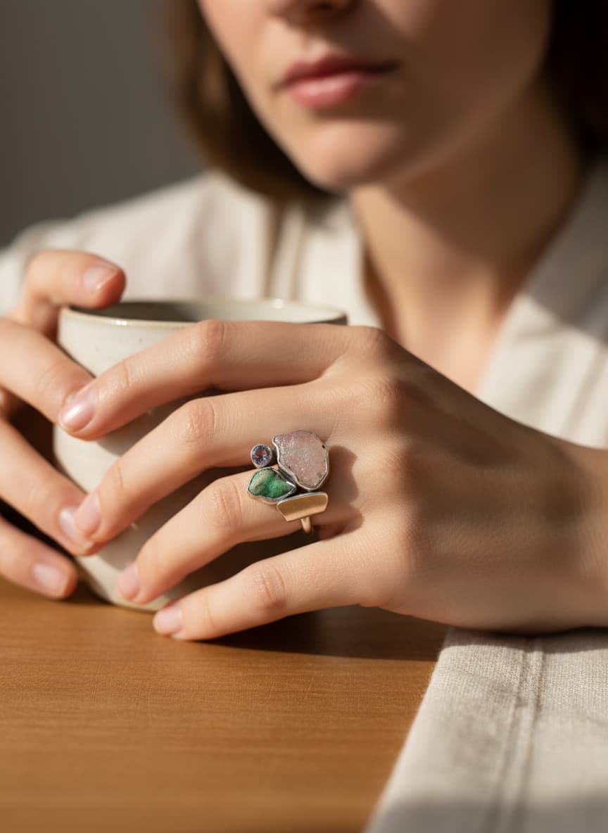 Rose Quartz & Amethyst Cluster Ring