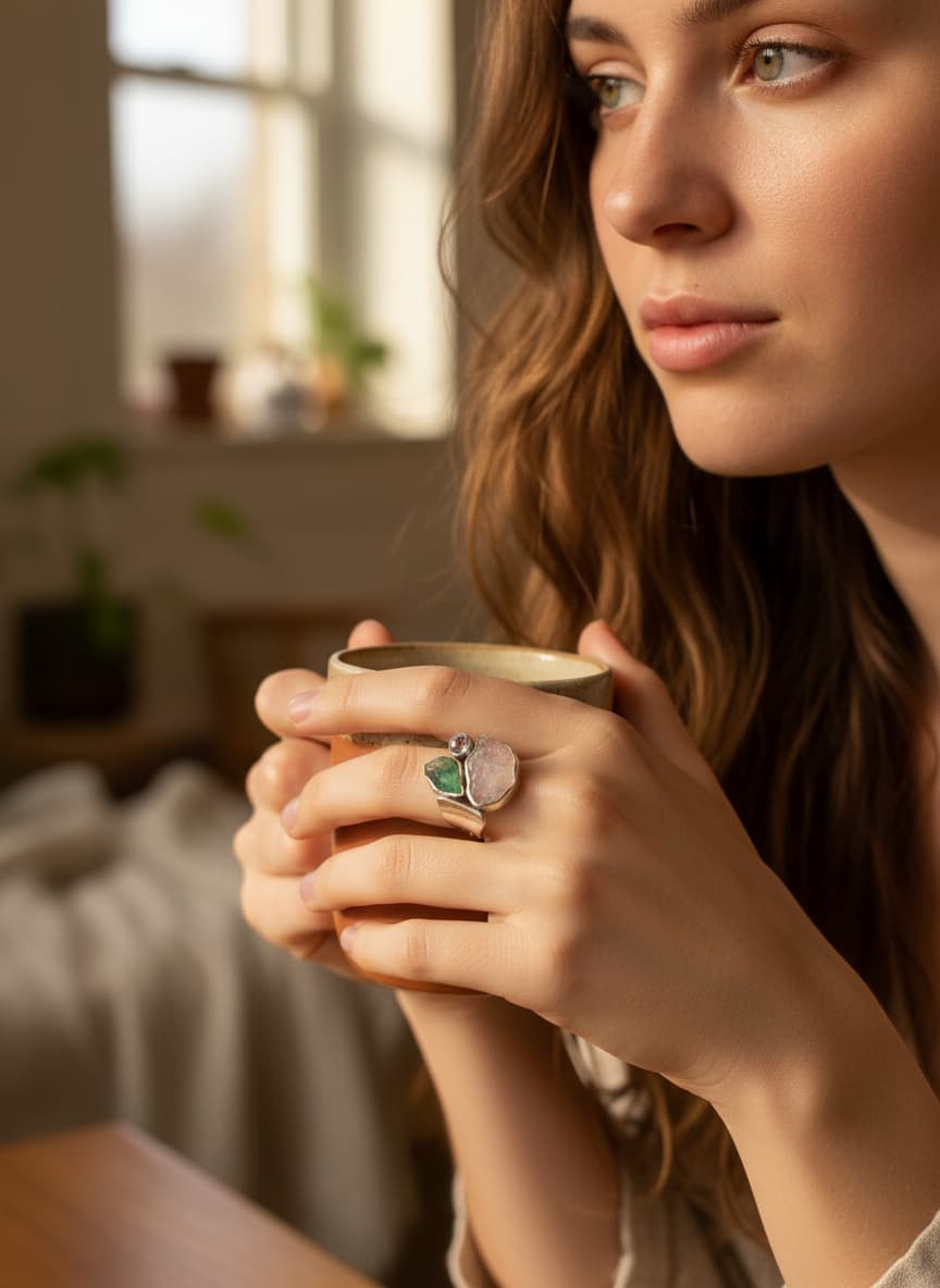 Model wearing the silver raw crystal trio ring