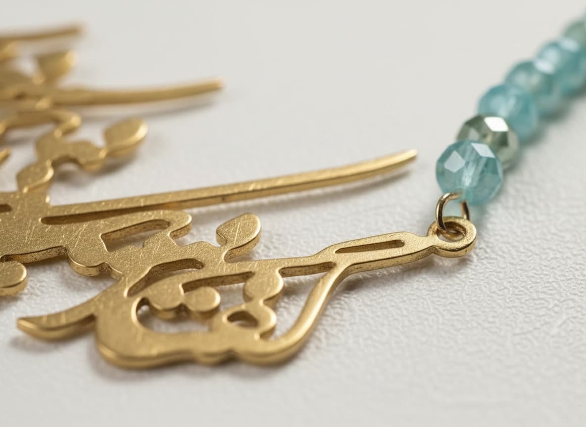 Gold calligraphy necklace with turquoise beads