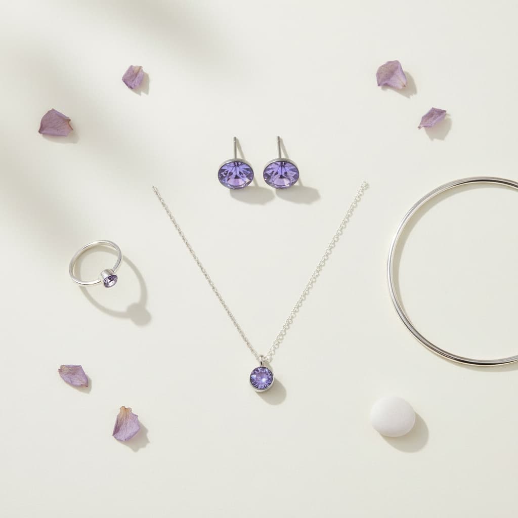 Lavender crystal stud earrings styled in a flatlay with matching necklace and ring