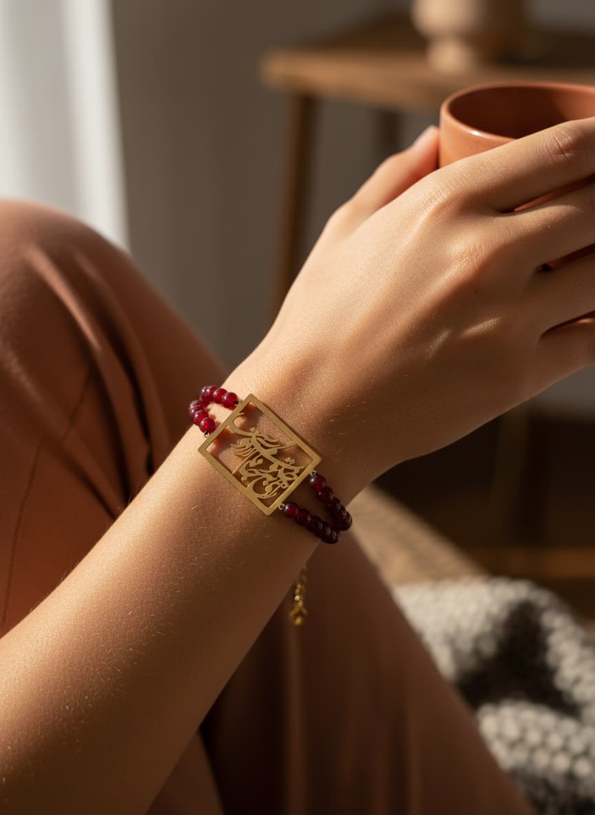 Model wearing the burgundy calligraphy bracelet