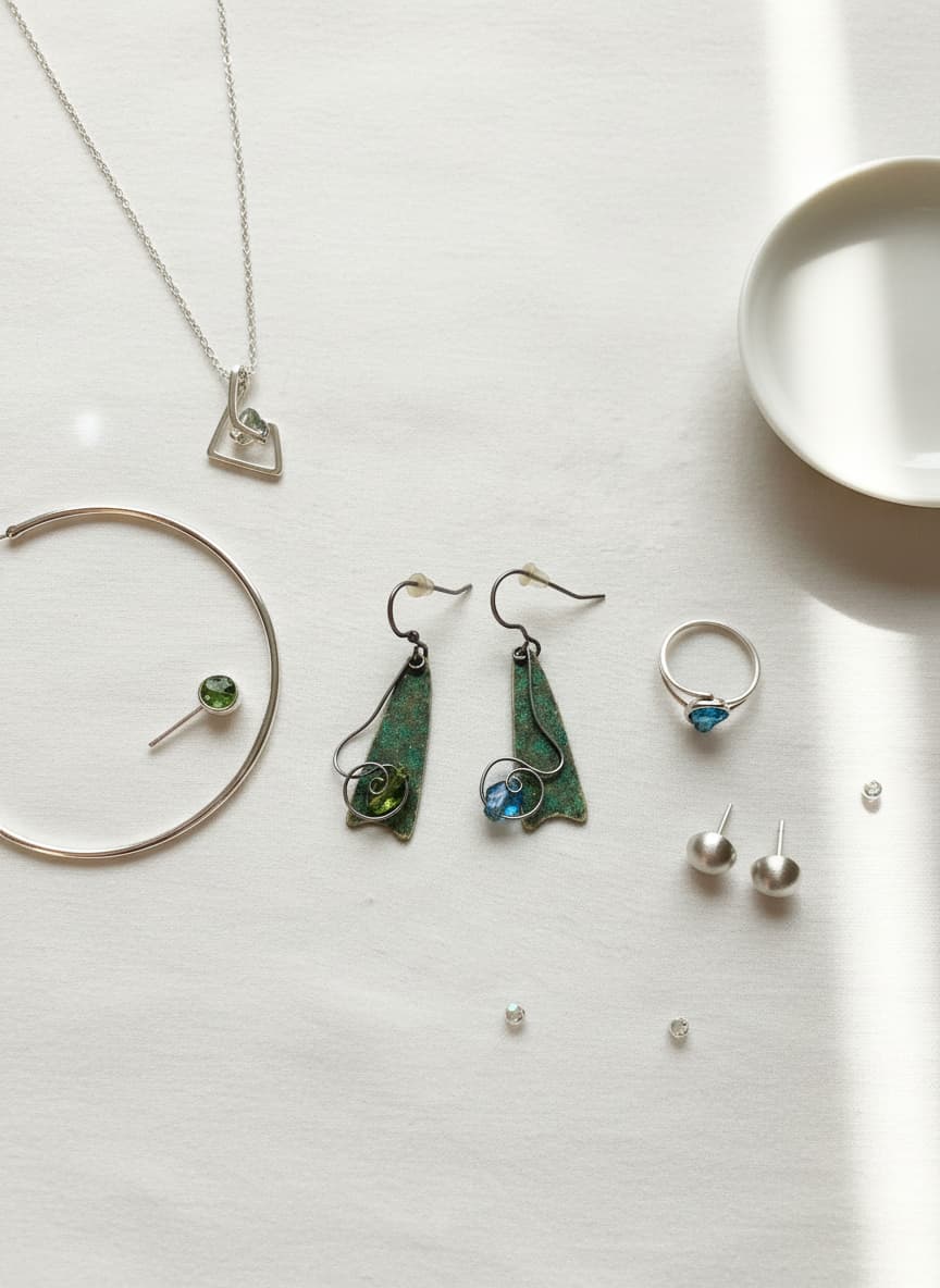 Silver-plated turquoise earrings styled in a flatlay with silver jewelry