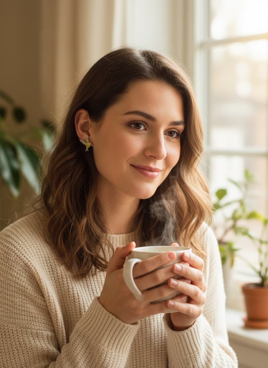 Model wearing the silver-plated hummingbird stud earring
