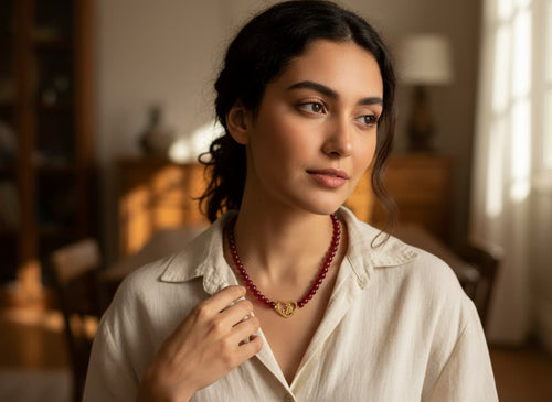 Model wearing the love heart necklace