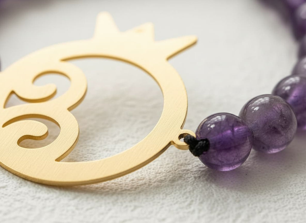Macro close-up of the gold pomegranate charm