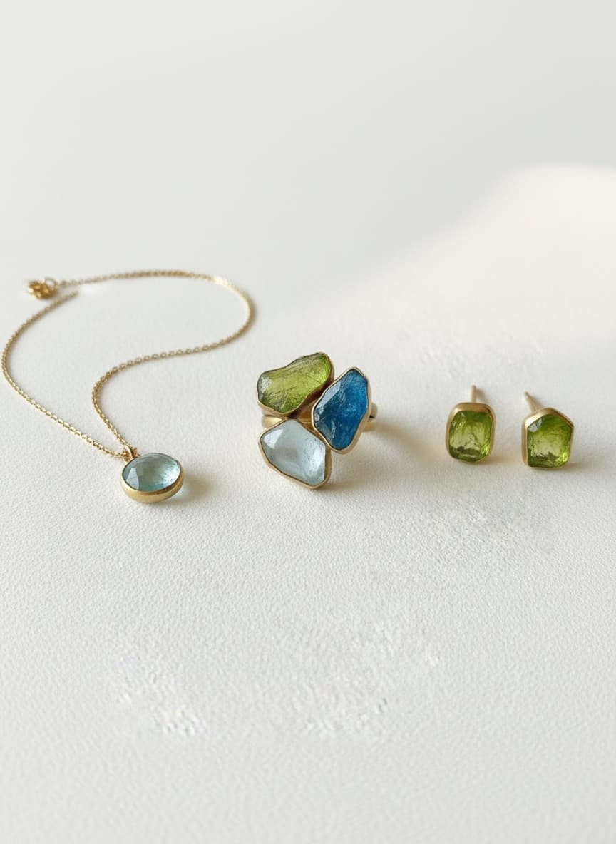 Gold-plated three-stone ring styled in a flatlay with gold jewelry