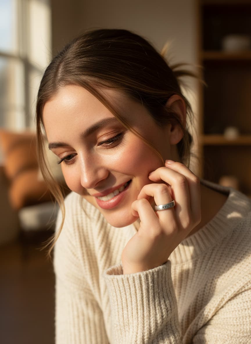 Model wearing the silver engraved band ring