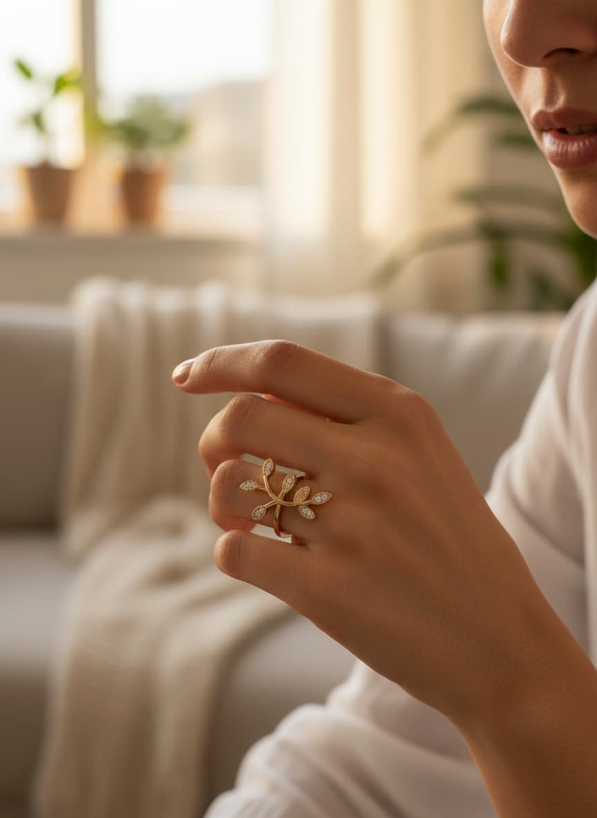 Model wearing the gold leaf vine ring