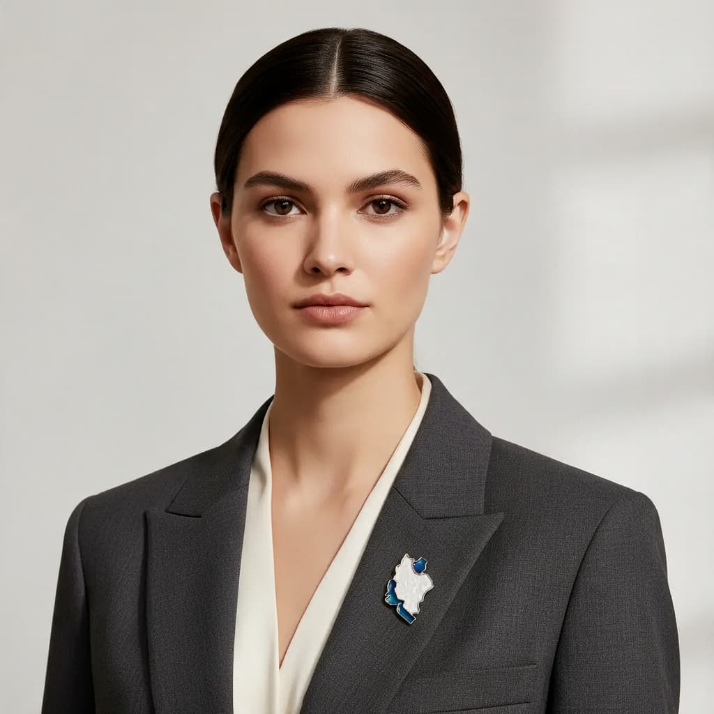 Model wearing the Iran map brooch on a gray blazer lapel