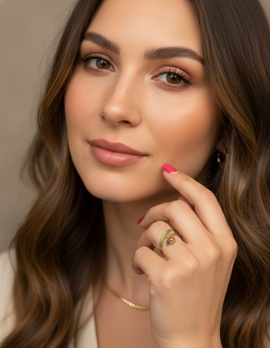 Model wearing the gold-plated wrap ring with red-orange stone