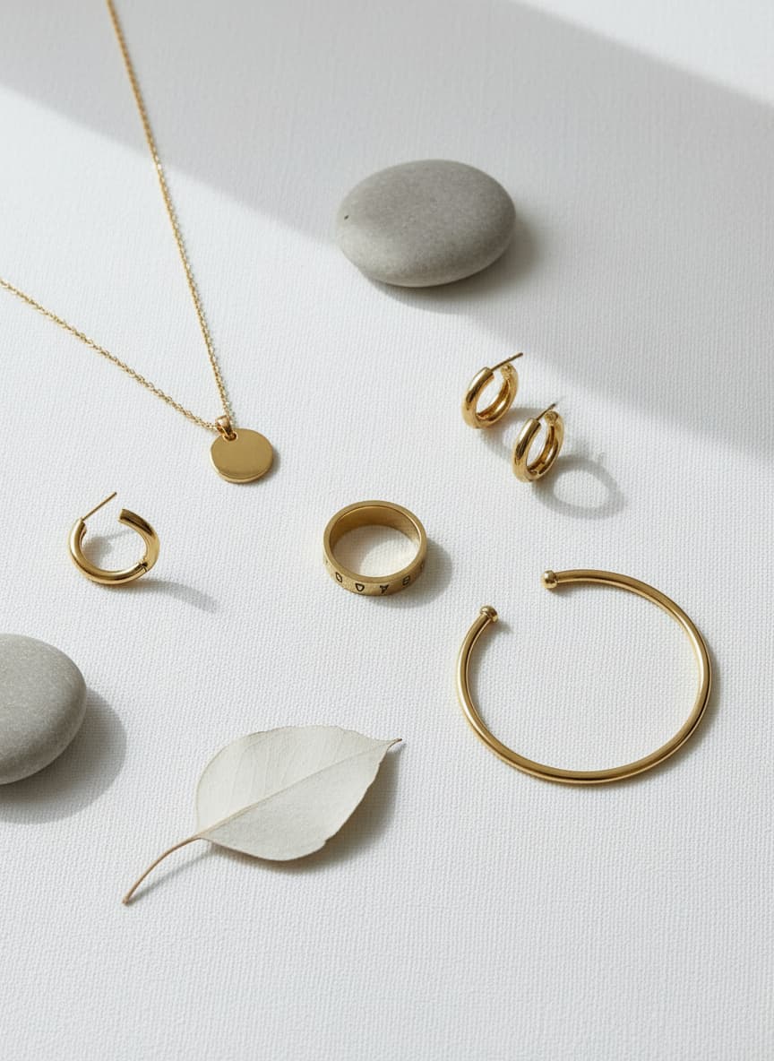 Gold-plated number engraved ring styled in a flatlay with gold jewelry