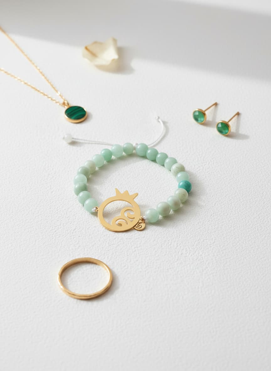 Pomegranate bracelet styled in a flatlay with gold jewelry